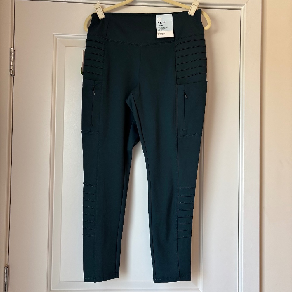NWT FLX Womens Hi Rise Leggings Elastic Waist Pleated Side Black Size L Short